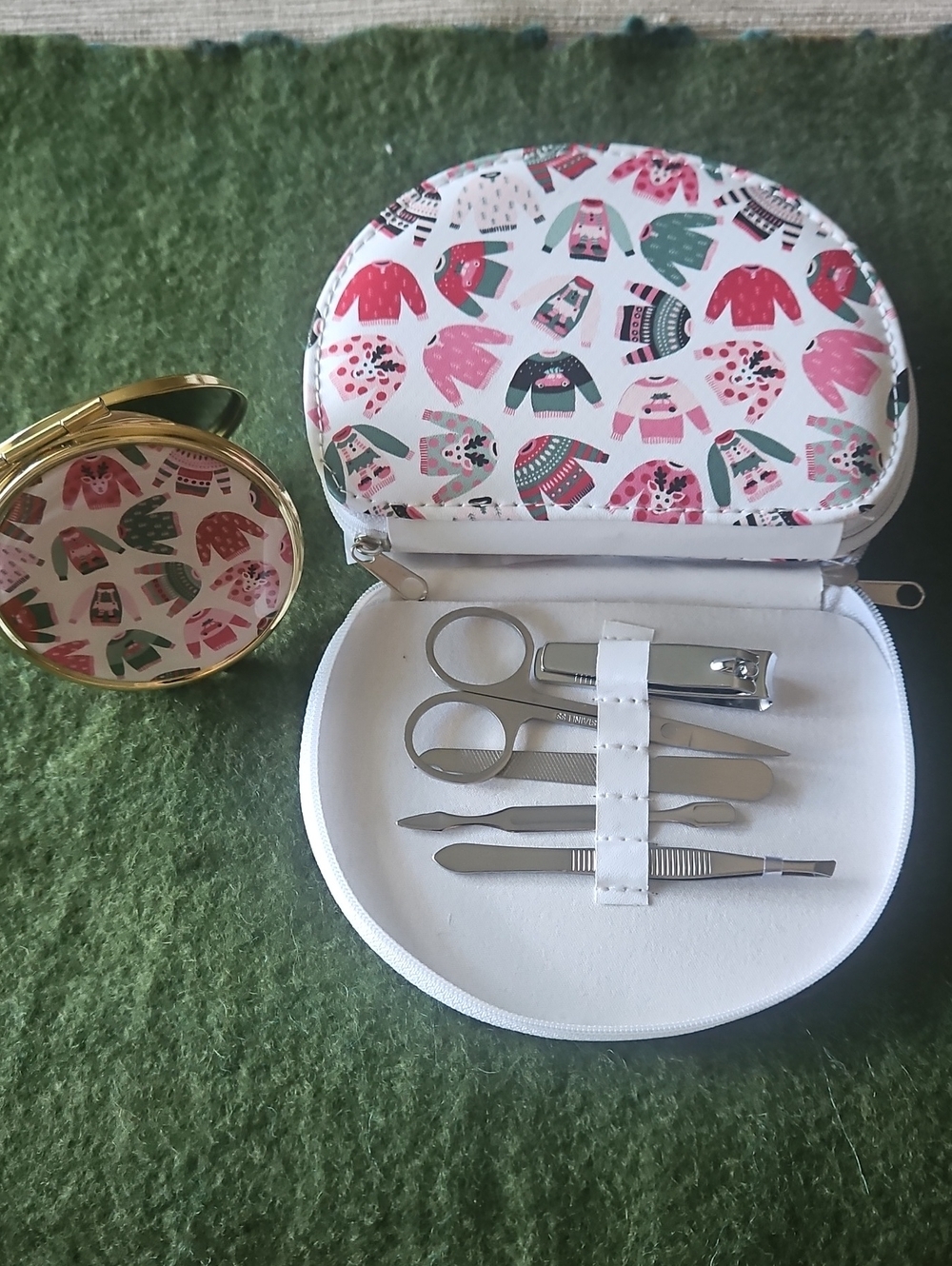 Christmas Sweater Travel Manicure Set with Mirror & Matching Compact.  Set Of 2